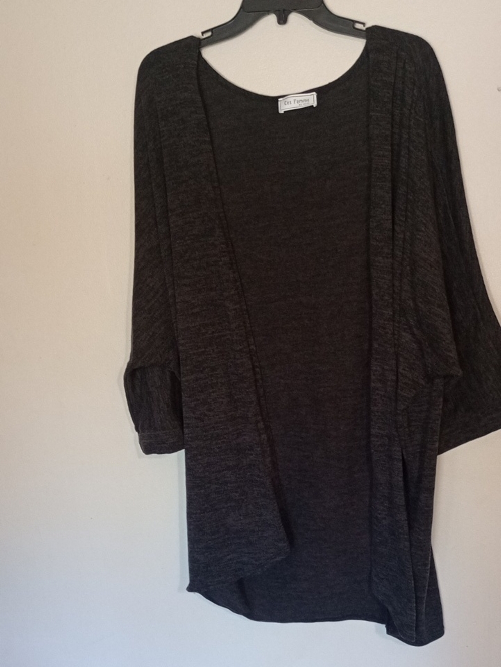 Ces Femme Dark Charcoal Open-Front Knit Cardigan Boho Boho Boutique Chic Cozy